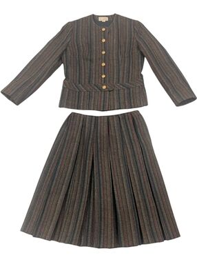 1960s Vintage Ladybug 2pc Green Multicolored Striped Mod Skirt Suit - Sz 7